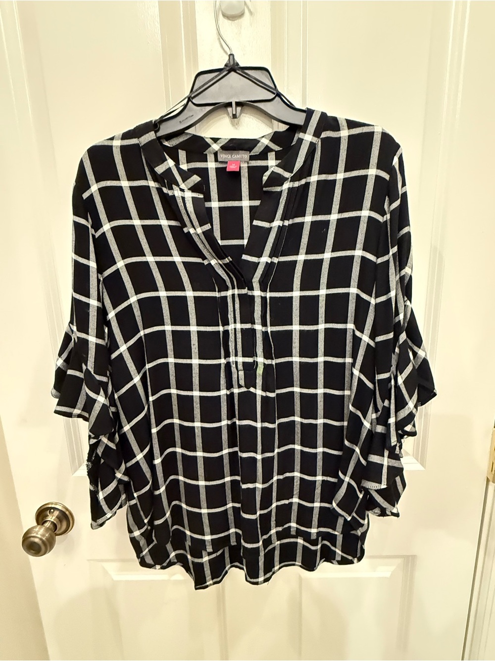 Vince Camuto Black White Plaid Windowpane Ruffle Sleeve Blouse M